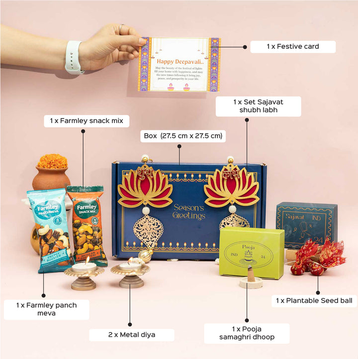 Handmade Mridula Gift Hamper | Includes 2 Snacks Mix, 1 X Set Sajavat Shubh Labh, 1 Pooja Samaghri Dhoop, 2 Metal Diya, 1 Plantable Seed Ball, 1 Diwali Card And 1 Box