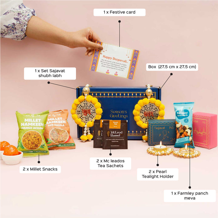 Handmade Prakash Gift Hamper | Includes 2 Tea Sachets, 2 Tea Light Holder, 2 Snacks, 1 Sajavat Shubh Labh, 1 Festive Card And 1 Box