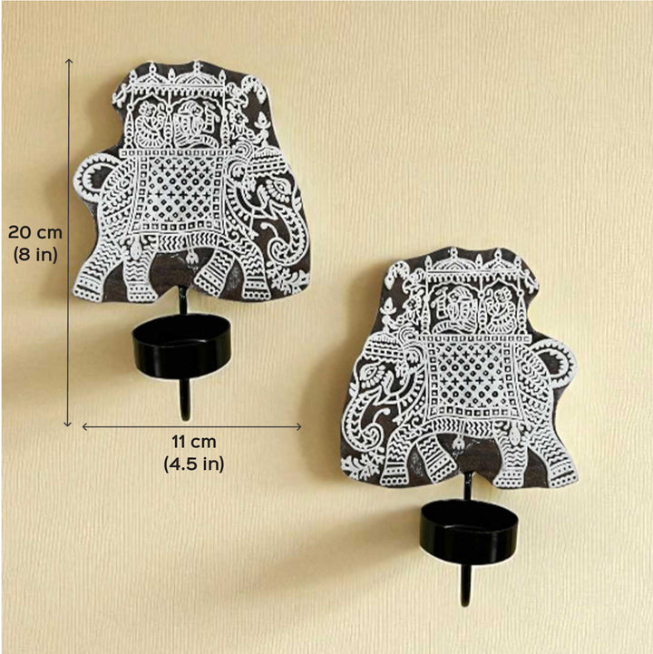 Set Of 2 | Handmade Block Printed Elephant Design Wooden Tealight Holder