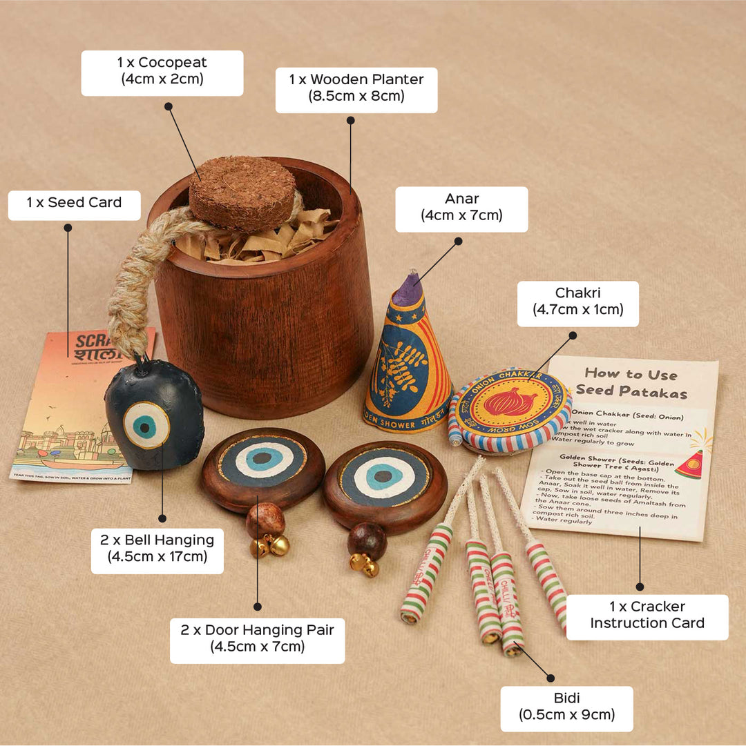 Handmade Samriddhi Gift Hamper | Includes Evil Eye Door Hanging, Evil Eye Bell Hanging, Wooden Planter, Cocopeat, Seed Crackers, Cracker Instruction Card, Seed Card And Outer Box