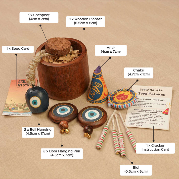 Handmade Samriddhi Gift Hamper | Includes Evil Eye Door Hanging, Evil Eye Bell Hanging, Wooden Planter, Cocopeat, Seed Crackers, Cracker Instruction Card, Seed Card And Outer Box