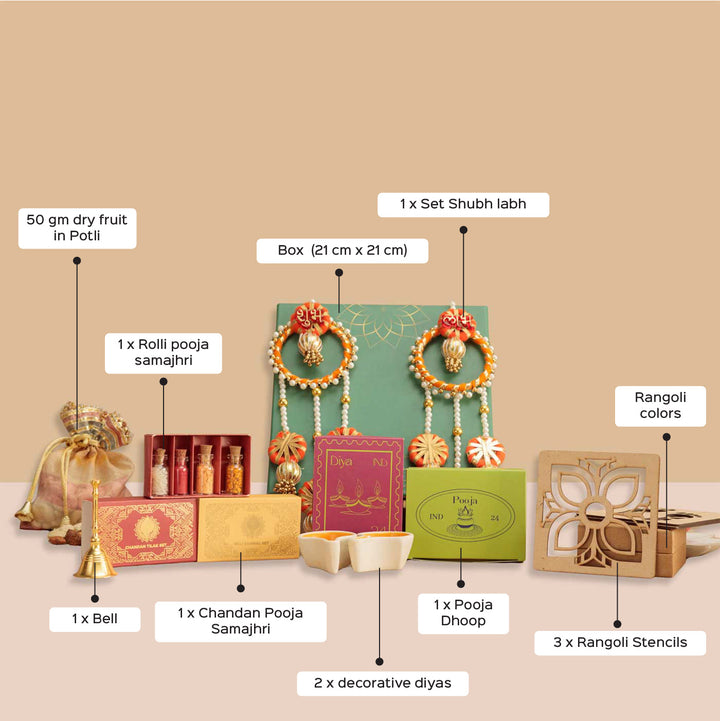 Handmade Aabhar Gift Hamper | Includes 2 Samajhri, 2 Diyas, 3 Rangoli Stencils, Colors, 1 Shubh Labh, 1 Dhoop, 1 Bell, Dry Fruit, 1 Card And 1 Box