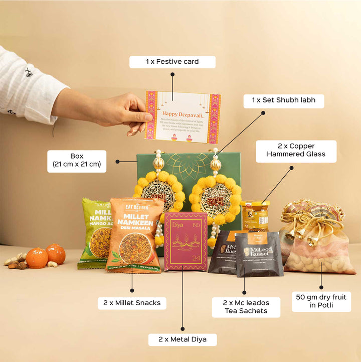 Handmade Ruhani Gift Hamper | Includes 2 Glass, Dry Fruit, Coaster, 1 Shubh Labh, 2 Diya, 1 Card And 1 Box