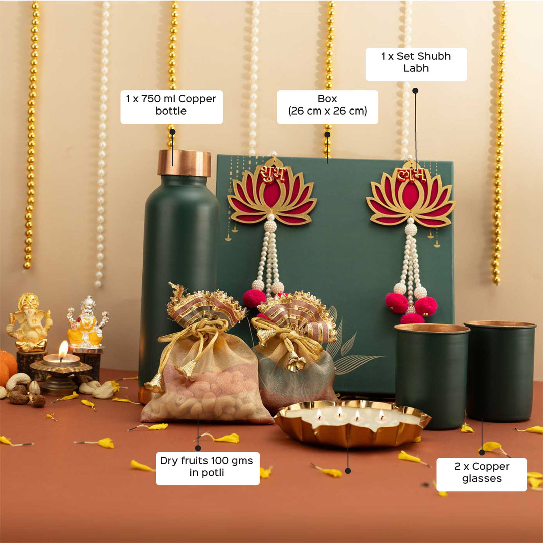 Handmade Raunak Gift Hamper | Includes 1 Bottle, 2 Glasses, 1 Shubh Labh, 1 Candle, Dry Fruits, 1 Card And 1 Box
