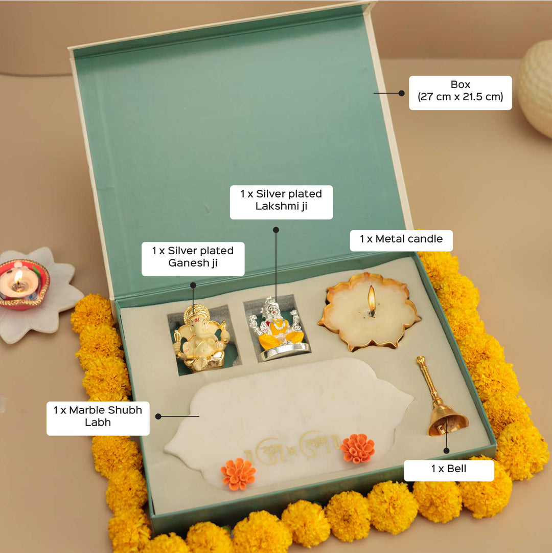 Handmade Aaradhya Gift Hamper | Includes 1 Ganesh, 1 Lakshmi, 1 Shubh Labh, 1 Bell, 1 Candle, 1 Card And 1 Box