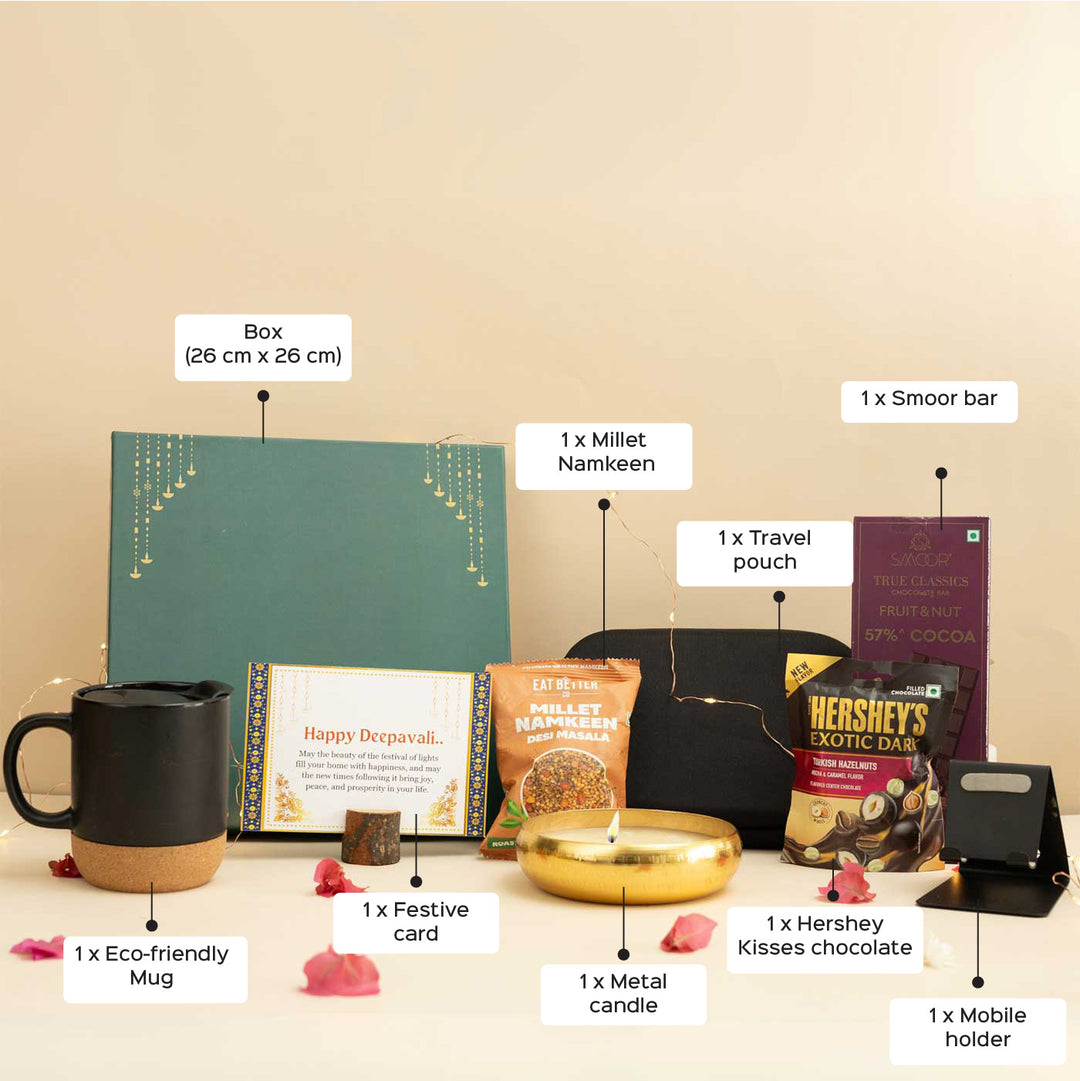 Handmade Neerja Gift Hamper | Includes 1 Mug, 1 Mobile Holder, 1 Pouch, 1 Candle, 1 Namkeen, 1 Chocolate, 1 Smoor Bar, 1 Card And 1 Box