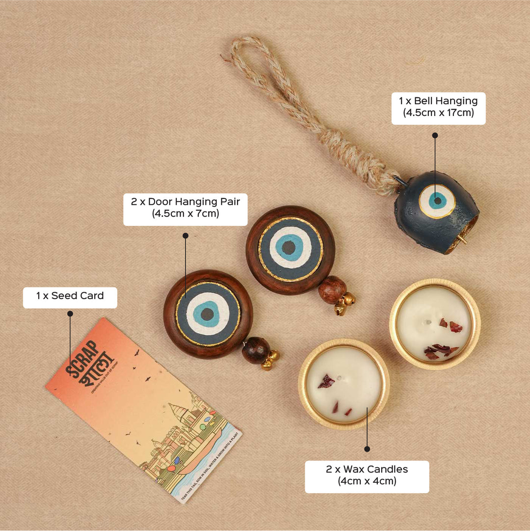 Handmade Nazar Jyoti Gift Hamper | Includes Evil Eye Door Hanging, Evil Eye Bell Hanging, Gold Soy Wax Candles, Seed Card And Outer Box