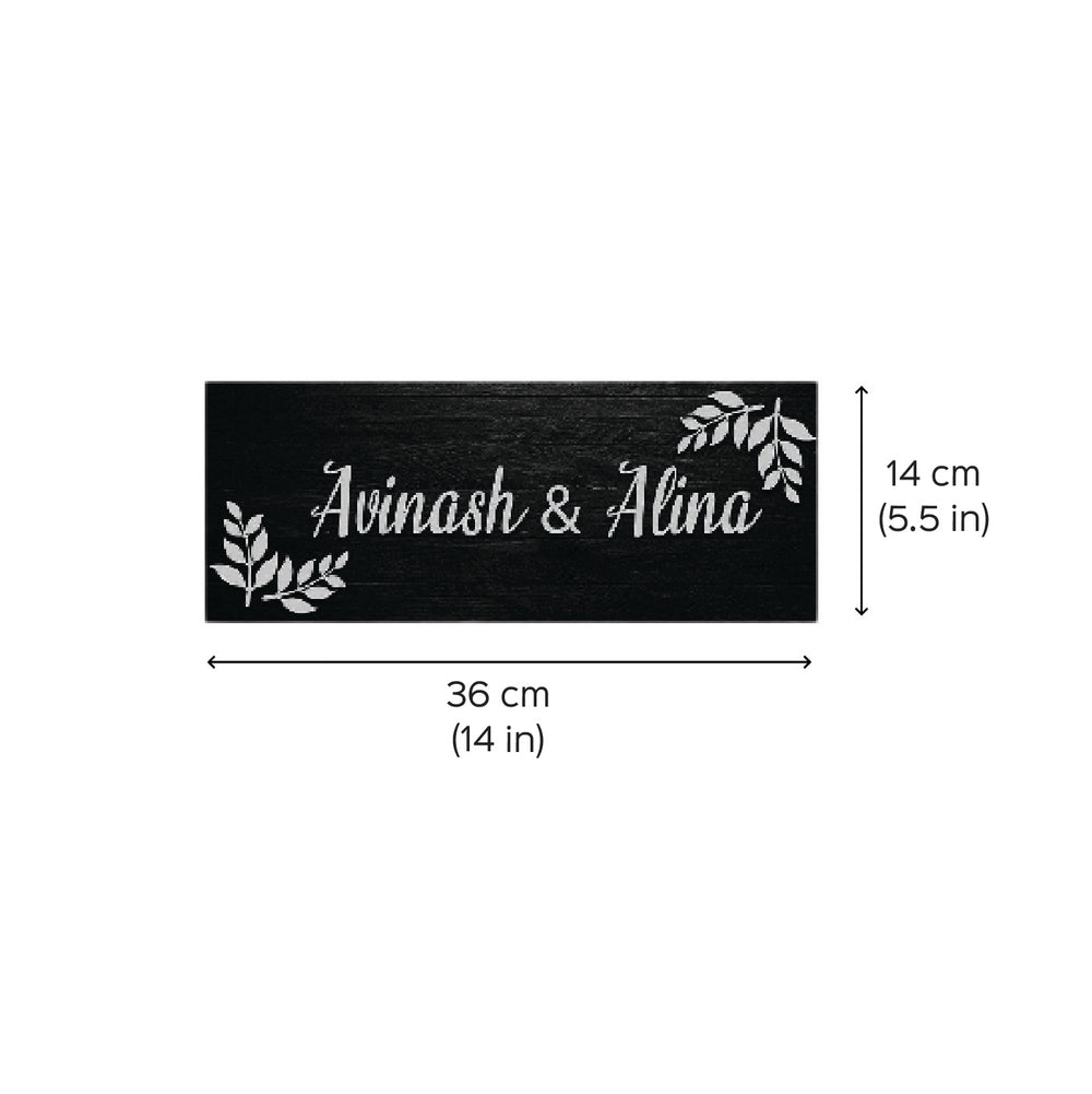 Personalized Printed Wooden Floral Nameplate For Couples - Dimension Chart with Name Example