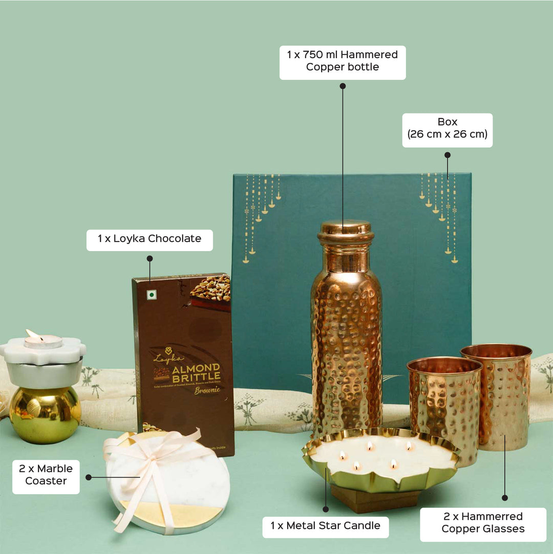 Handmade Noor Gift Hamper | Includes 1 Bottle, 2 Glasses, 1 Candle, 1 Chocolate, 2 Coaster, 1 Card And 1 Box