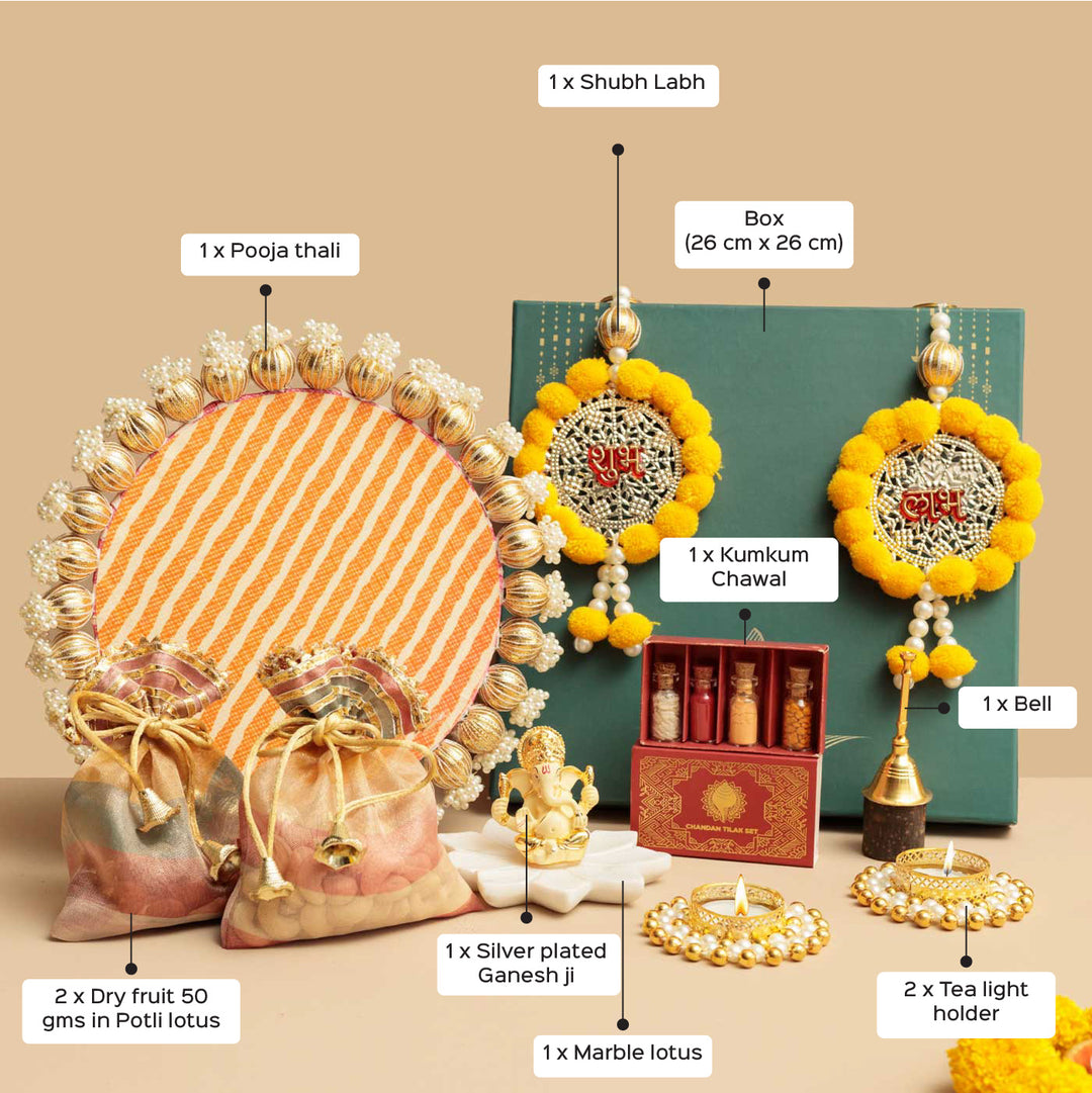 Handmade Shagun Gift Hamper | Includes 1 Lotus, 2 Tea Light Holder, 1 Pooja Thali, 2 Dry Fruit, 1 Bell, 1 Kumkum Chawal, 1 Shubh Labh, 1 Ganesh, 1 Card And 1 Box