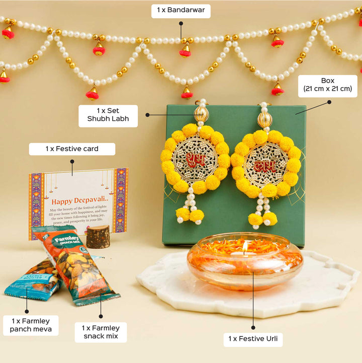 Handmade Jyoti Gift Hamper | Includes 1 Urli, 2 Dry Fruit, 1 Shubh Labh, 1 Bandarwar, 1 Card And 1 Box