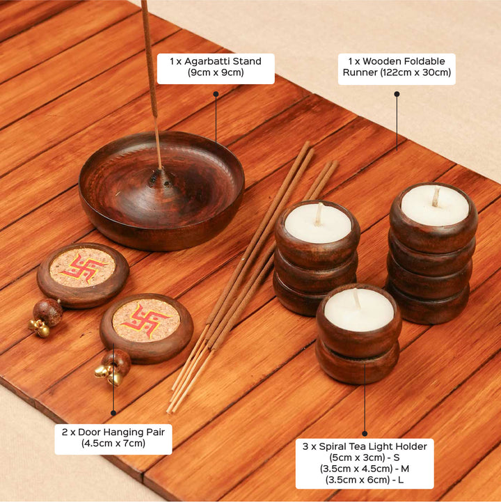 Handmade Sajavat Gift Hamper | Includes Wooden Foldable Runner, Spiral Cylinder Candles, Swastik Door Hanging, Wooden Agarbatti Stand, Seed Card And Outer Box