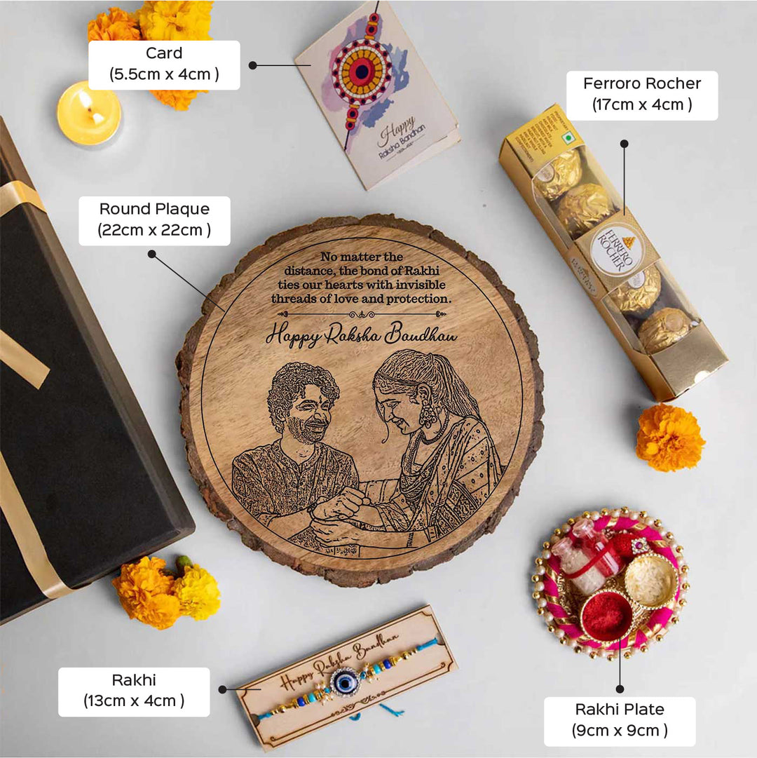 Photo Personalized Engraved Raksha Bandhan Theme Wooden Decorative Plaque Rakhi Hamper Includes 1 Rakhi 1 Plaque 1 Chocolate 1 Card And 1 Rakhi Plate - Dimension Chart with Product Labels