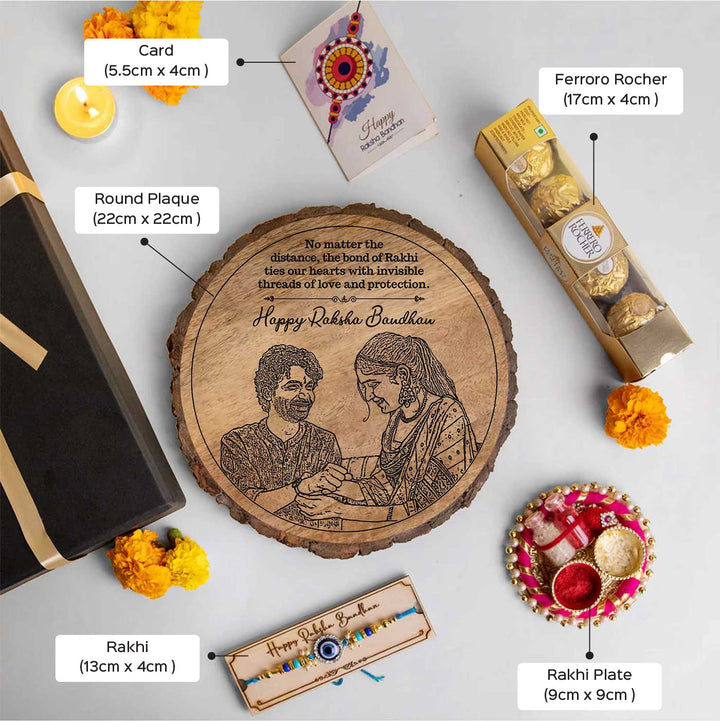 Photo Personalized Engraved Raksha Bandhan Theme Wooden Decorative Plaque Rakhi Hamper Includes 1 Rakhi 1 Plaque 1 Chocolate 1 Card And 1 Rakhi Plate - Dimension Chart with Product Labels