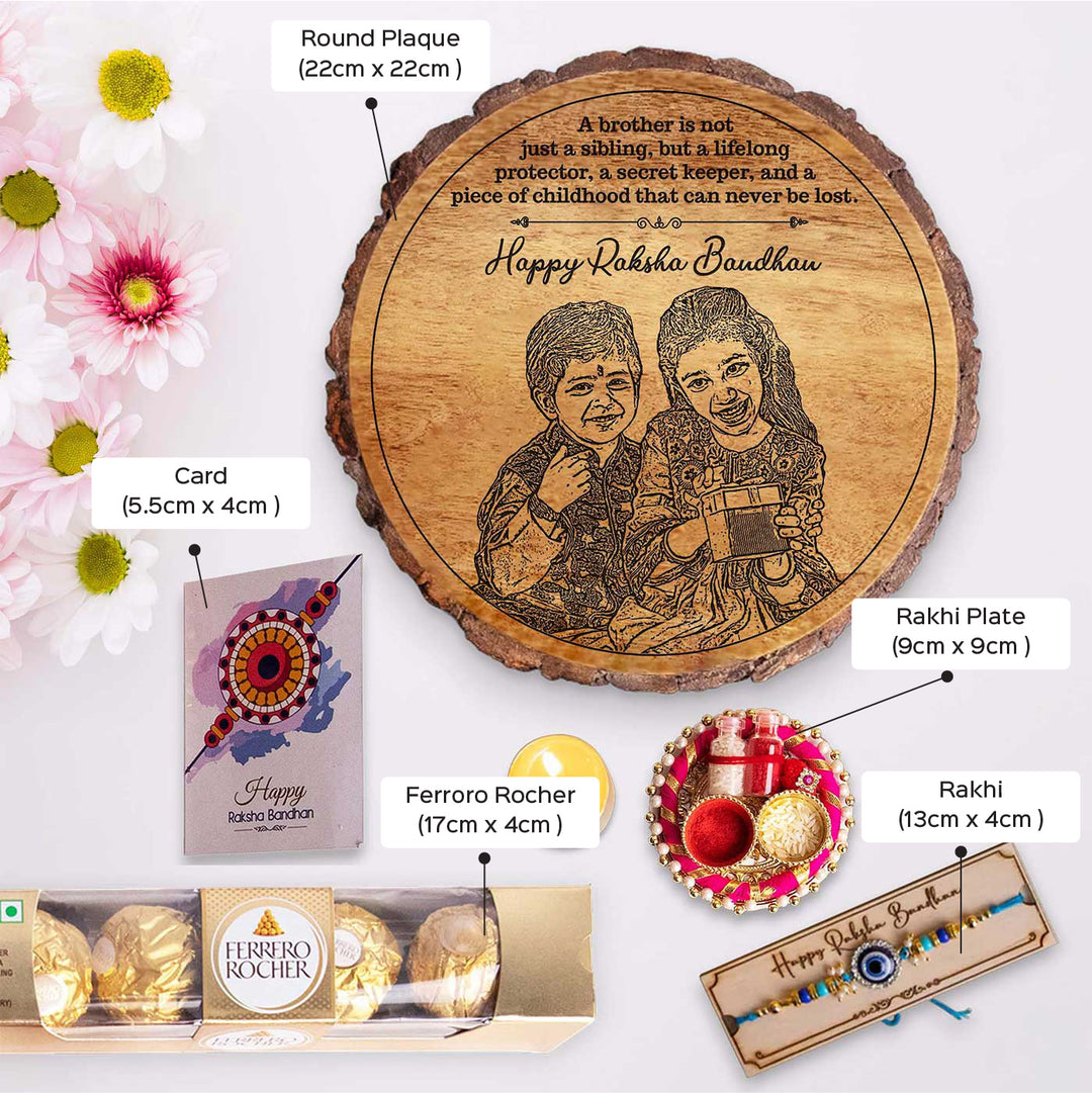 Photo Personalized Engraved Cute Bro Sis Theme Wooden Decorative Plaque Rakhi Hamper Includes 1 Rakhi 1 Plaque 1 Chocolate 1 Card And 1 Rakhi Plate - Dimension Chart for Plaque and Accessories