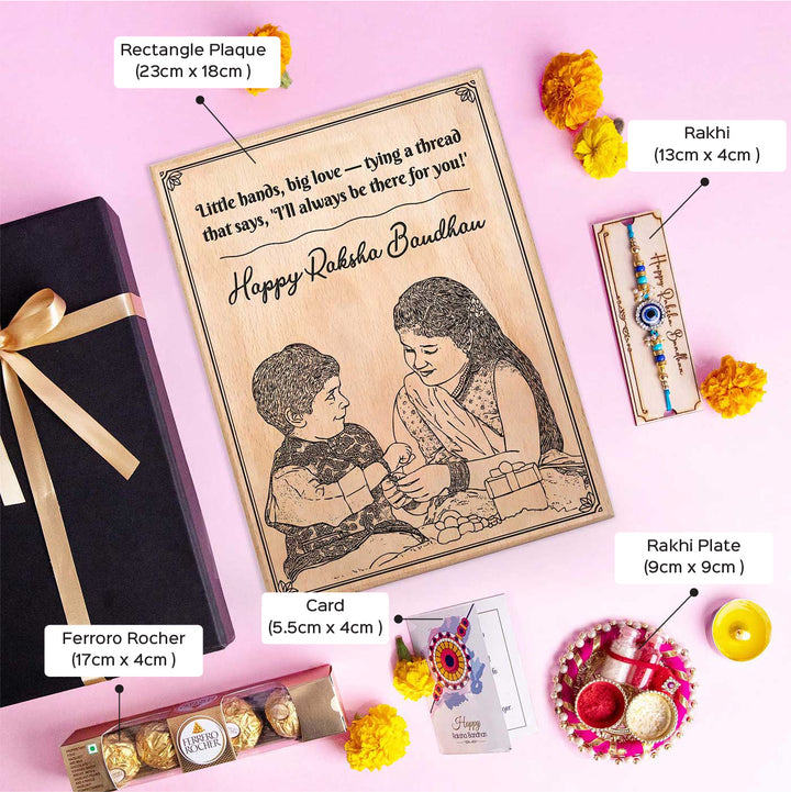 Photo Personalized Engraved Cute Bro Sis Theme Square Wooden Decorative Plaque Rakhi Hamper Includes 1 Rakhi 1 Plaque 1 Chocolate 1 Card And 1 Rakhi Plate - Dimension and Item Labels