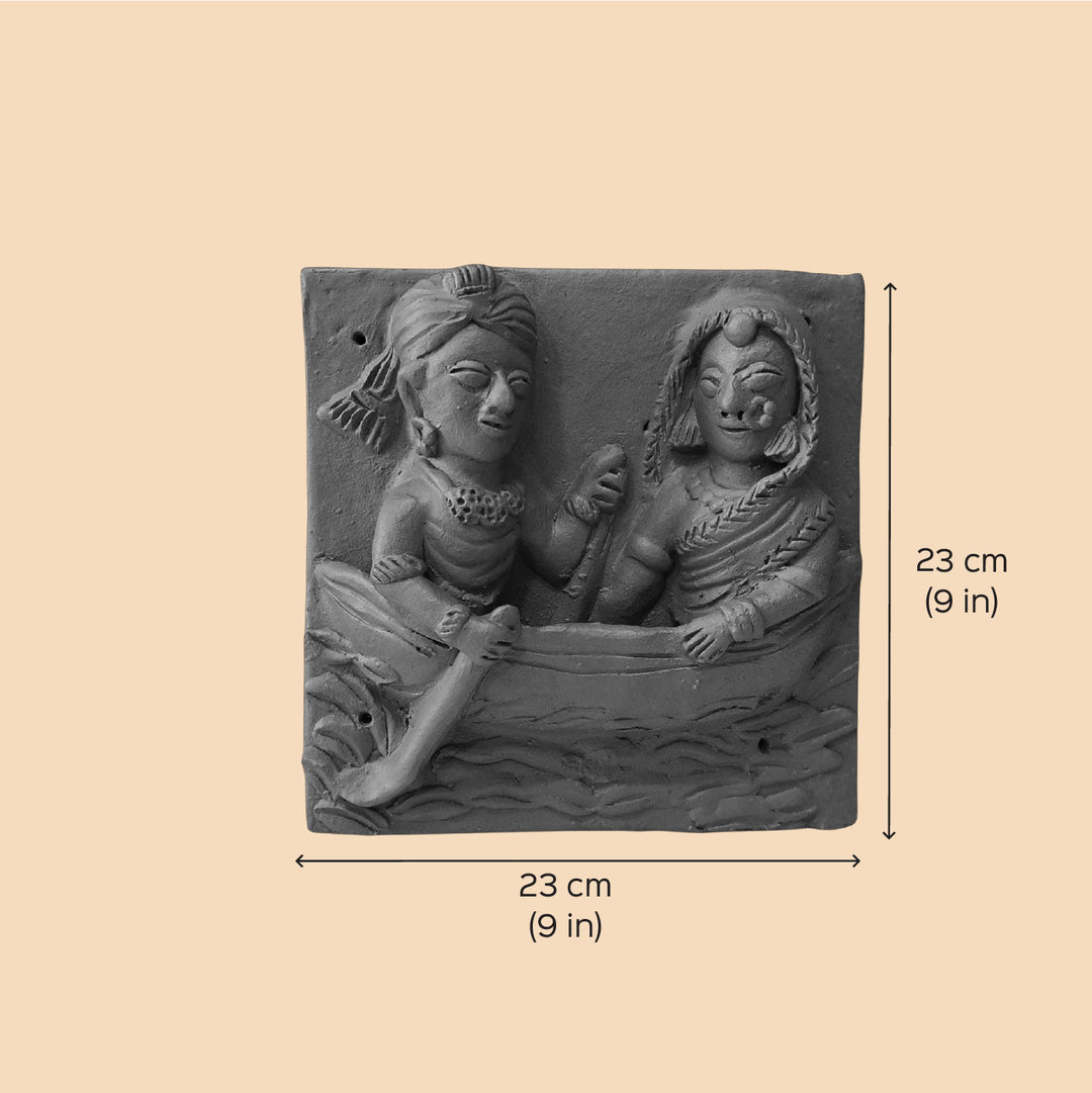 9 x 9 Inch | Couple In Boat | 3D Handmade Terracotta Molela Mural Wall Art Tile