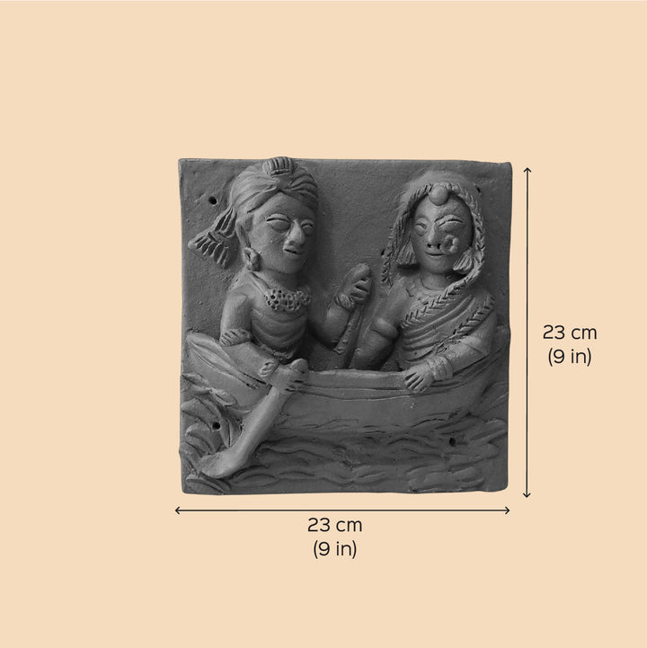 9 x 9 Inch | Couple In Boat | 3D Handmade Terracotta Molela Mural Wall Art Tile