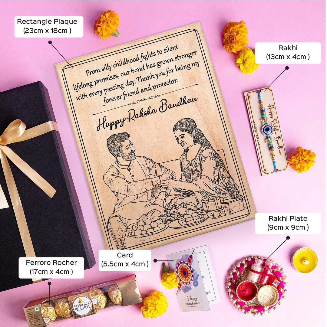 Photo Personalized Engraved Raksha Bandhan Theme Square Wooden Decorative Plaque Rakhi Hamper Includes 1 Rakhi 1 Plaque 1 Chocolate 1 Card And 1 Rakhi Plate - Plaque and Accessories Dimensions