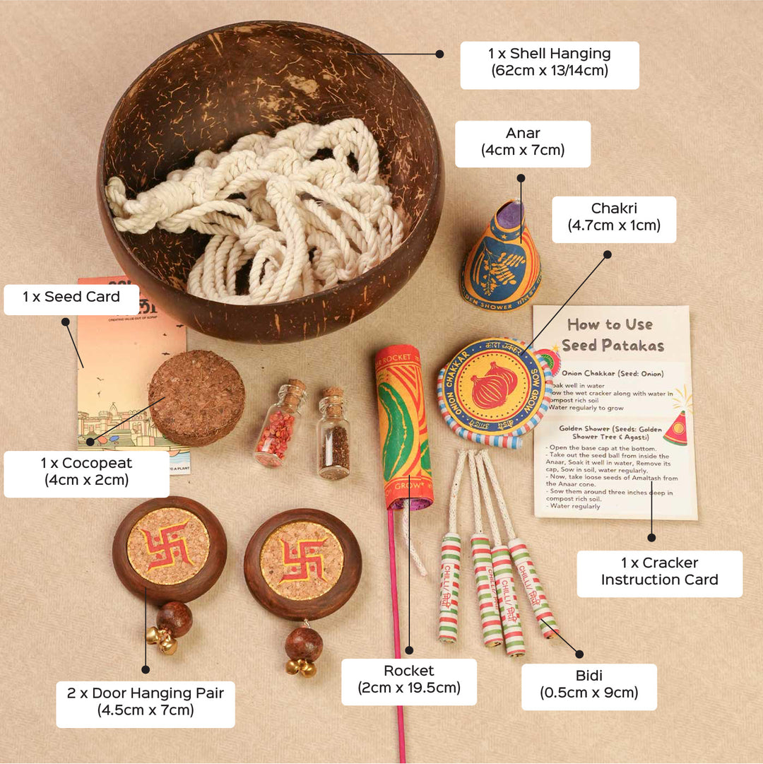 Handmade Prakriti Gift Hamper | Includes Coconut Shell Hanging Planter, Seed Jars, Seed Crackes, Cocopeat, Swastik Door Hanging, Cracker Instruction Card, Seed Card And Outer Box