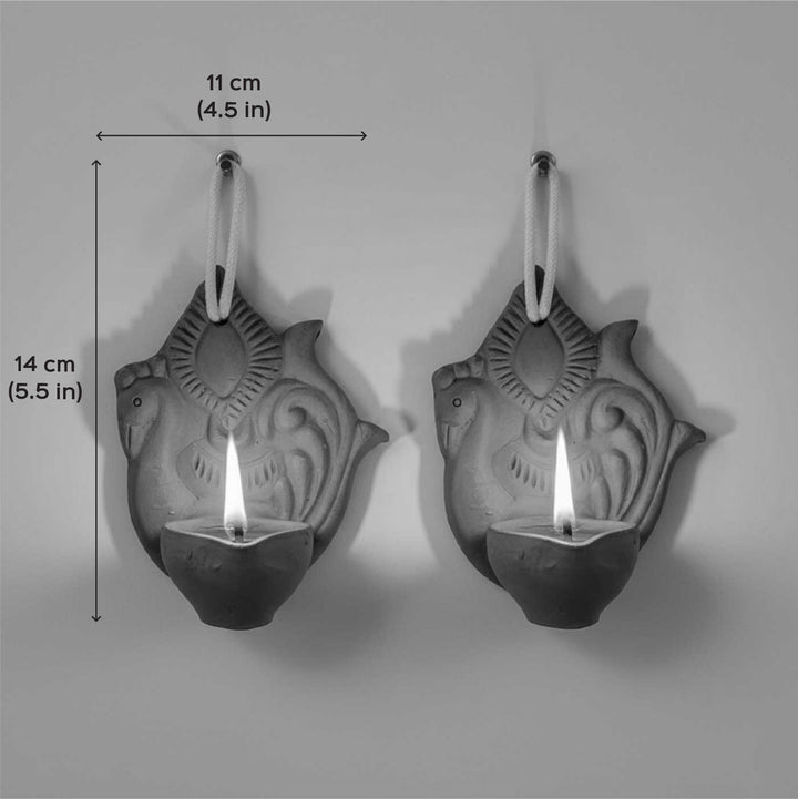 Set Of 2 | Handmade Peacock Design Terracotta Oil Lamp / Diya