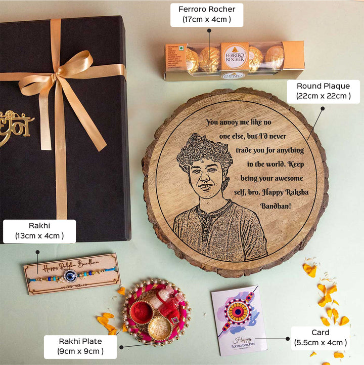 Photo Personalized Engraved Brother Theme Wooden Decorative Plaque Rakhi Hamper Includes 1 Rakhi 1 Plaque 1 Chocolate 1 Card And 1 Rakhi Plate - Dimension Chart with Items
