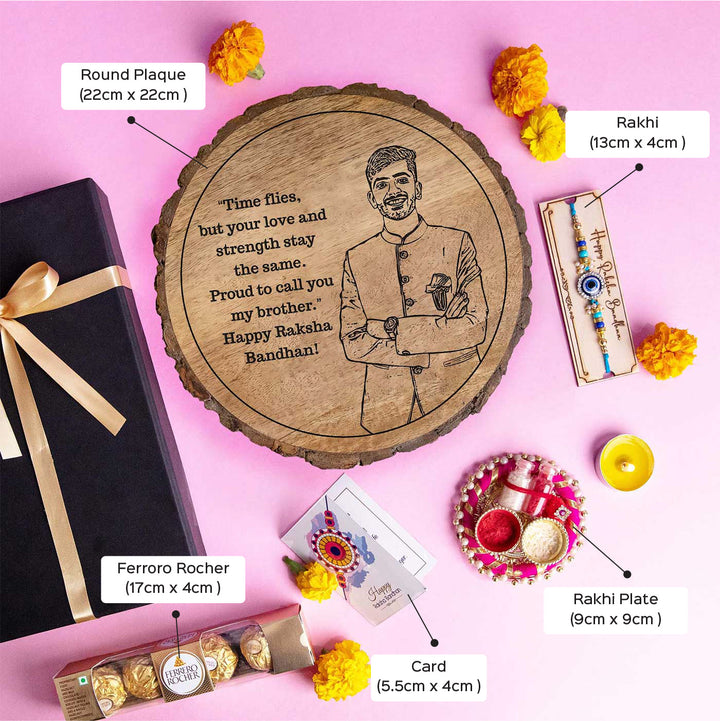 Photo Personalized Engraved Bhai Theme Wooden Decorative Plaque Rakhi Hamper Includes 1 Rakhi 1 Plaque 1 Chocolate 1 Card And 1 Rakhi Plate - Dimension Chart with Product Components