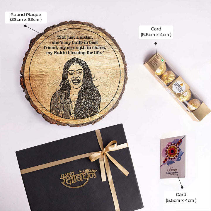 Photo Personalized Engraved Sis Theme Wooden Decorative Plaque Rakhi Hamper | Includes 1 Plaque, 1 Chocolate & 1 Card