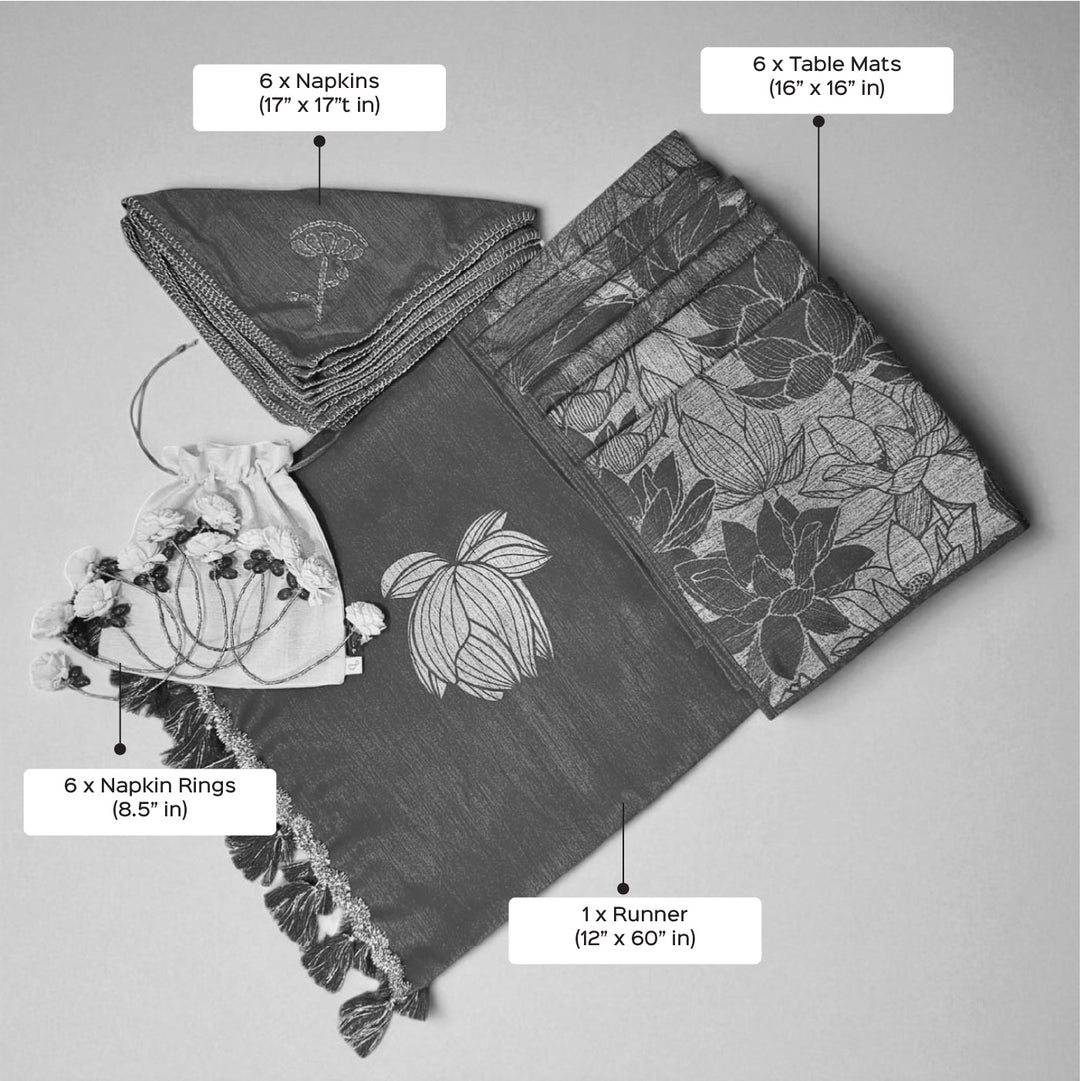 Handmade Lotus Grand Gift Hamper | Includes 1 Runner, 6 Table Mats, 6 Napkins, 6 Napkin Rings And 1 Gift Box