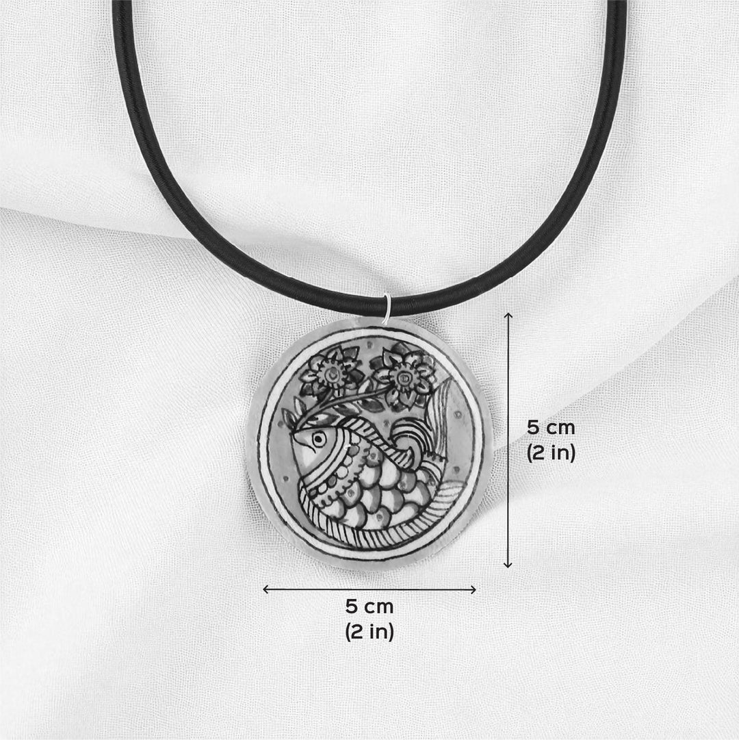 Hand-Painted Madhubani Fish Theme Leather Necklace