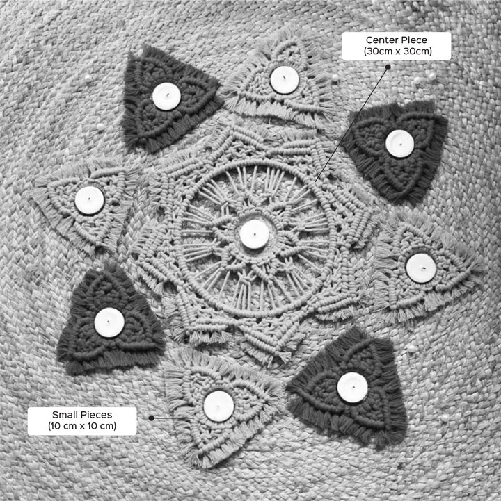 Handmade Macrame Rangoli Design Cotton Tealight Holder | Includes 1 Center Piece, 8 Small Pieces And 10 Tea Light Candles