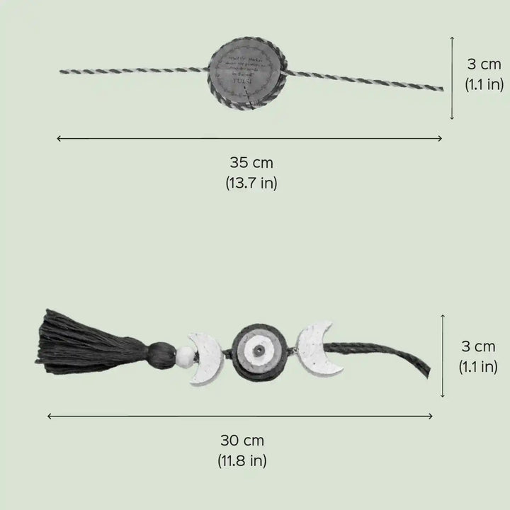 Nazarbattu Plantable Eco Friendly Handmade Cork Rakhi With Roli Chawal - Dimension chart with measurements