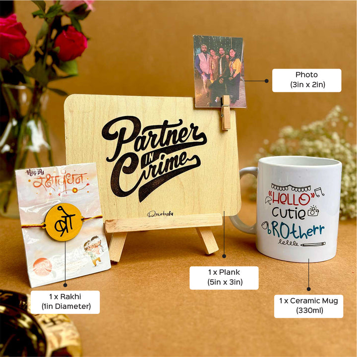 Photo Personalized Printed Cute Rakhi Hamper For Brother Includes 1 Plaque 1 Rakhi And 1 Mug - Product Dimensions and Components Callout