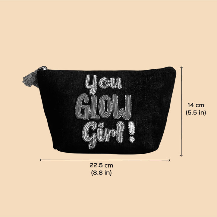 Handmade Embroidered Blue You Glow Girl Design Velvet Pouch