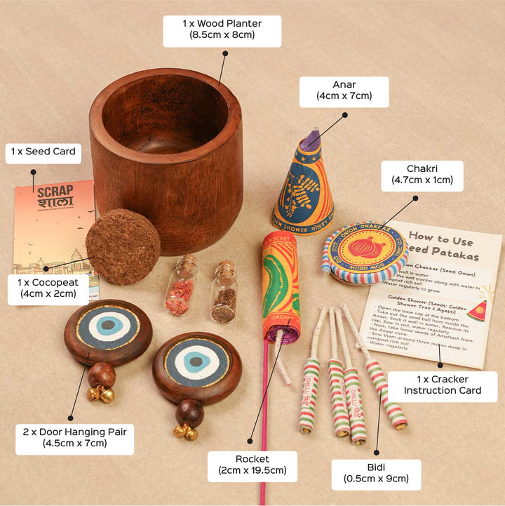 Handmade Prakriti Raksha Gift Hamper | Includes Mango Wooden Planter, Seed Crackers, Seed Jars, Cocopeat, Evil Eye Door Hanging, Cracker Instruction Card, Seed Card And Outer Box
