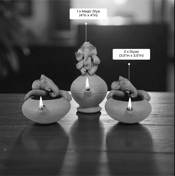 Handmade Ganesh Design Terracotta Oil Lamp / Diya | Includes 1 Magic Diya And 2 Diyas