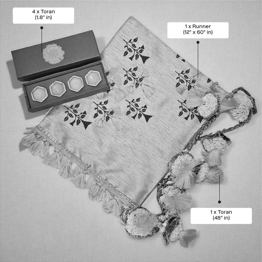 Handmade Yellow Marigold Design Mini Gift Hamper | Includes 1 Silk Runner,1 Toran, 4 Diyas And 1 Gift Box