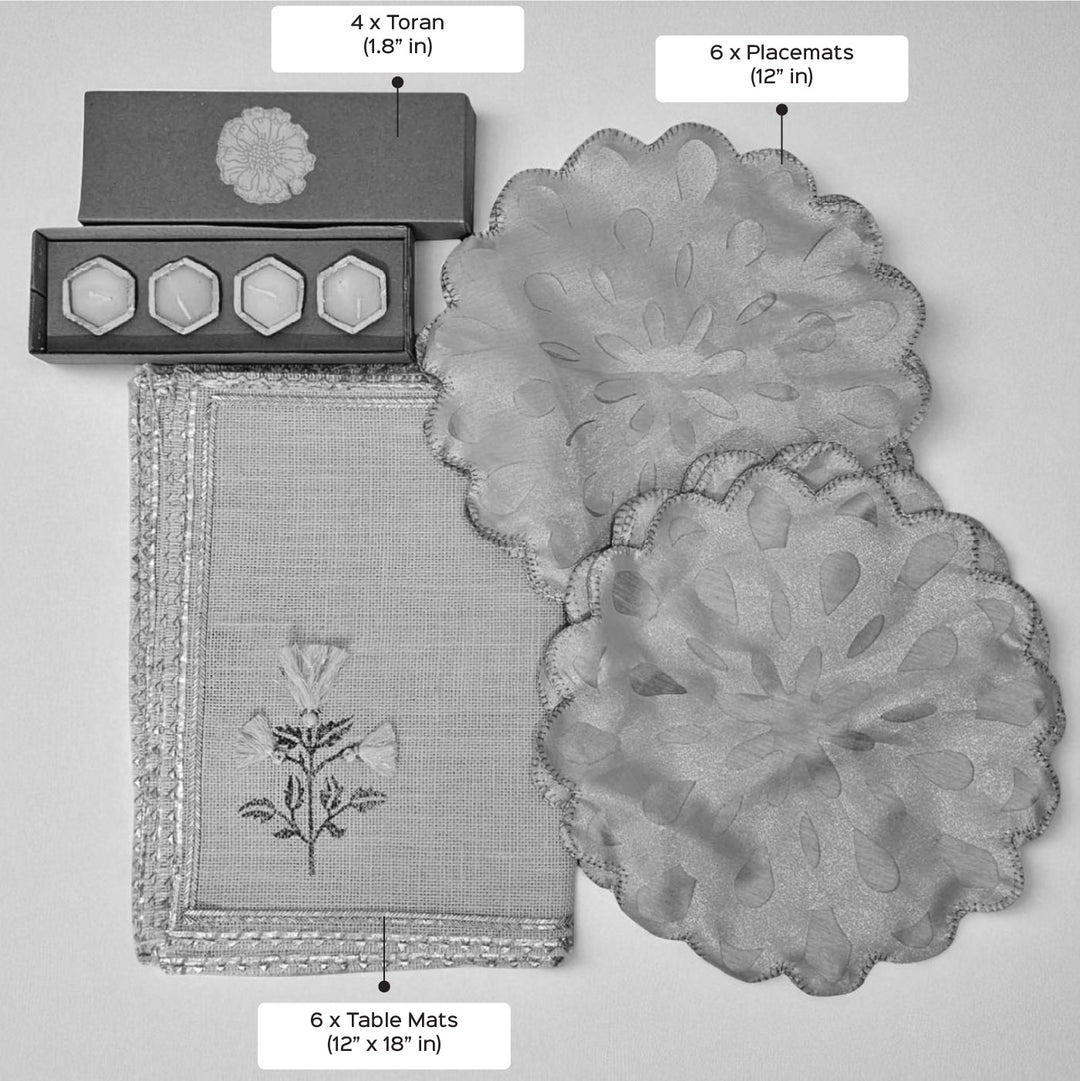 Handmade Marigold Design Classic Gift Hamper | Includes 6 Placemats, 6 Table Mats, 4 Diyas And 1 Gift Box