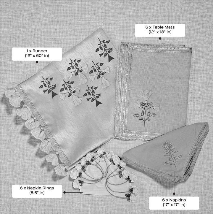 Handmade Marigold Design Grand Gift Hamper | Includes 1 Runner, 6 Table Mats, 6 Napkins, 6 Napkin Rings And 1 Gift Box