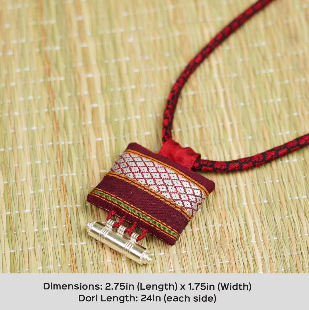 Handmade Maroon Khunn Fabric Necklace With Silver Tawiz