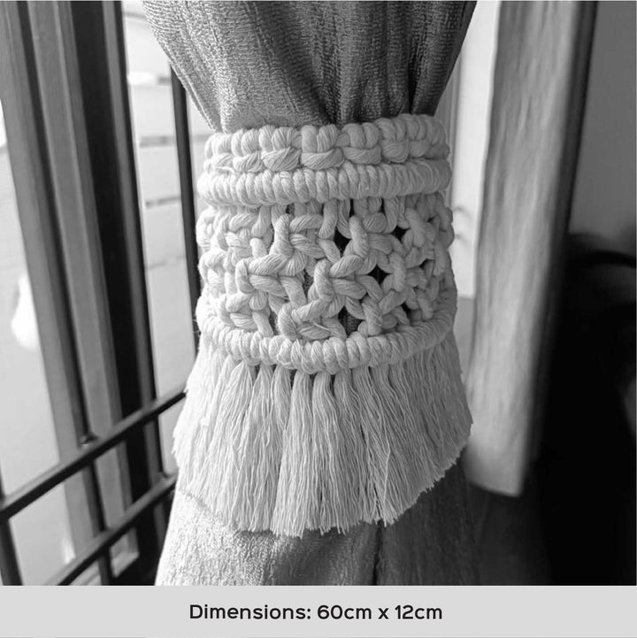 Set Of 2 | Handmade Macrame Knots And Fringes Design Cotton Curtain Tie-Back