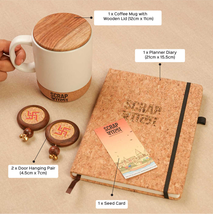 Handmade Subh Aarambh Gift Hamper | Includes Coffee Mug With Lid, Cork Planner Diary, Swastik Door Hanging Pair, Seed Card And Outer Box