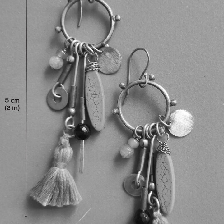 Handmade Loop And Peach Tassel Brass Earrings