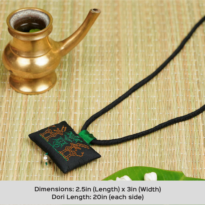 Handmade Kasuti Abharan Dancing Deer Khunn Fabric Necklace With Silver Tawiz