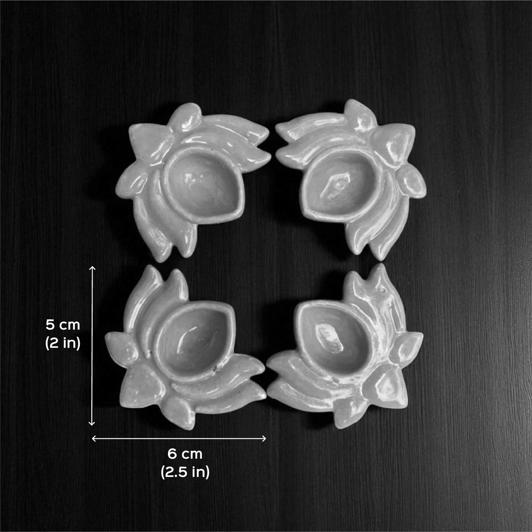 Set Of 4 | Handmade Orange Lotus Design Ceramic Oil Lamp / Diya