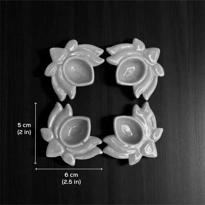 Set Of 4 | Handmade Orange Lotus Design Ceramic Oil Lamp / Diya