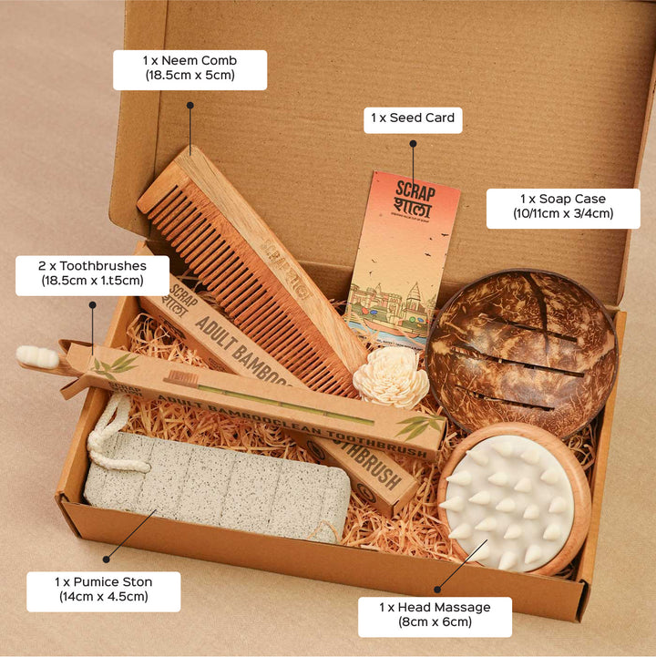 Handmade Nature'S Touch And Care Hamper | Includes Coconut Soap Case, Nano Bamboo Toothbrushes, Neem Comb, Wooden Head Massager, Pumice Stone, Seed Card And Outer Box