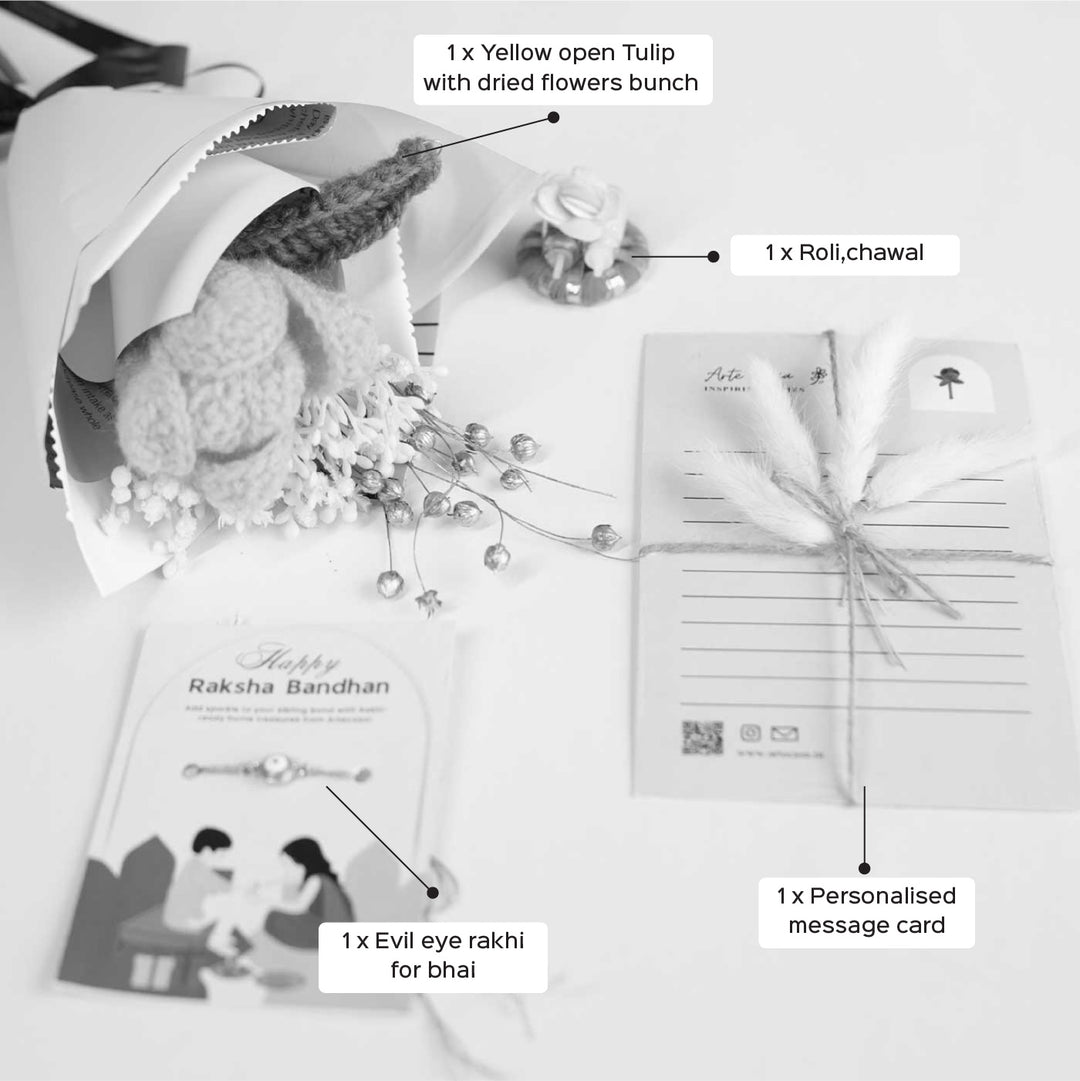 Personalized Handmade Crochet Tulip Dried Bunch Rakhi Hamper Includes 1 Crochet Flower Bunch 1 Message Card And 1 Rakhi And Roli Chawal - Labeled Components Detail