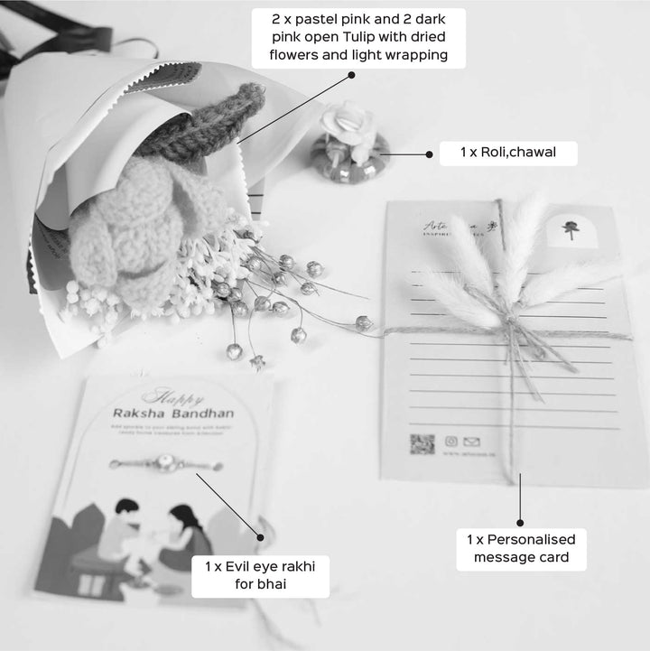 Personalized Handmade Crochet Pretty Pansy Rakhi Hamper Includes 1 Crochet Flower Bunch 1 Message Card And 1 Rakhi And Roli Chawal - Labeled Product Contents Layout
