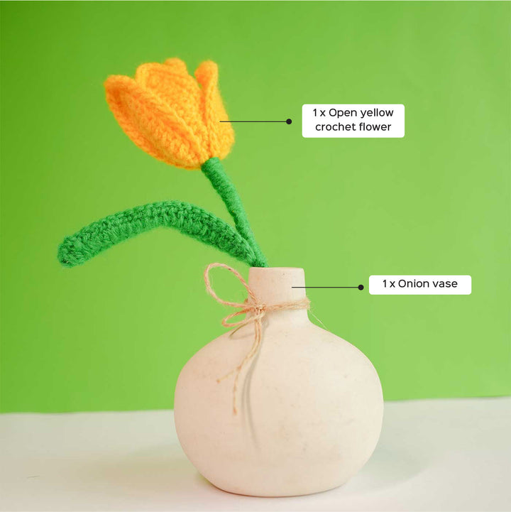 Handmade Crochet Yellow Tilip With Onion Ceramic Vase
